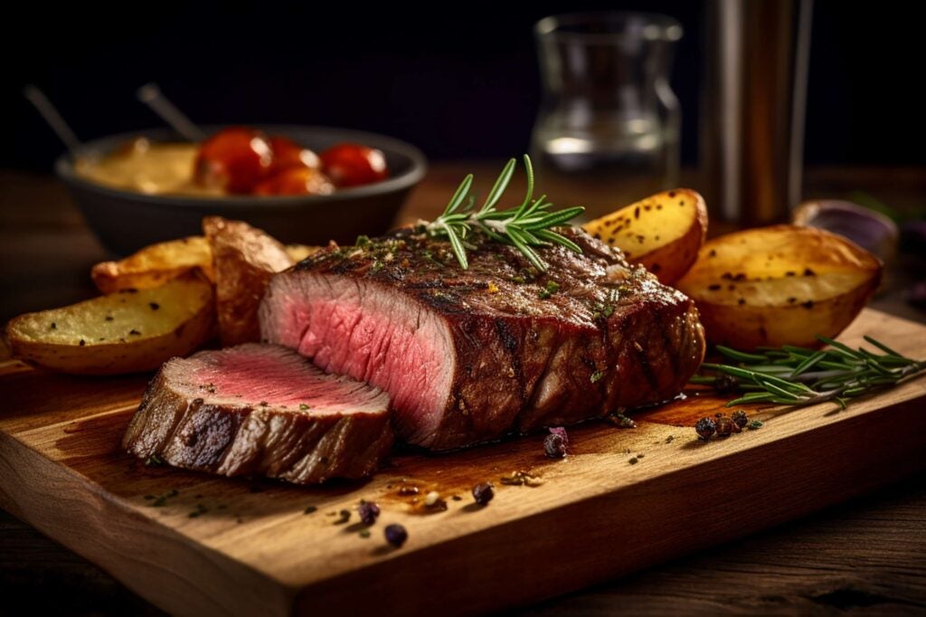 Photo of a cooked steak on a cutting board.