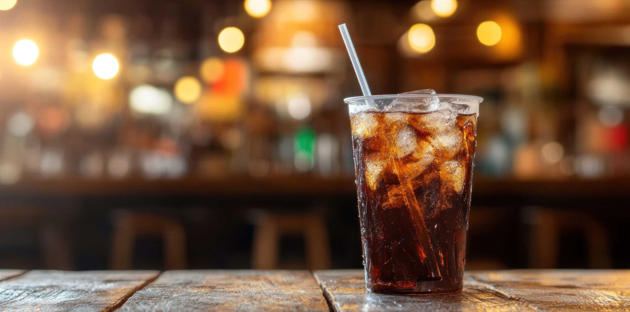 Glass of diet cola with a straw and ice sitting on a bar.