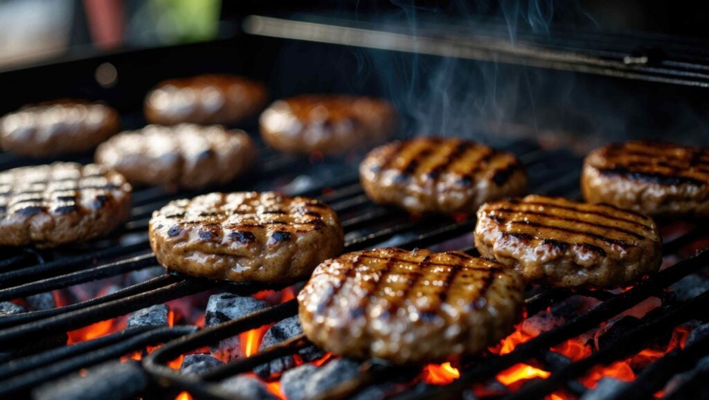 Hanbrugers (showing grill marks) on grill