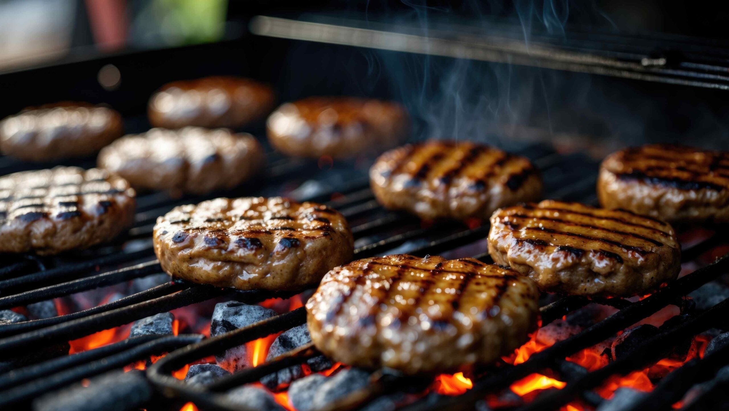 Hanbrugers (showing grill marks) on grill