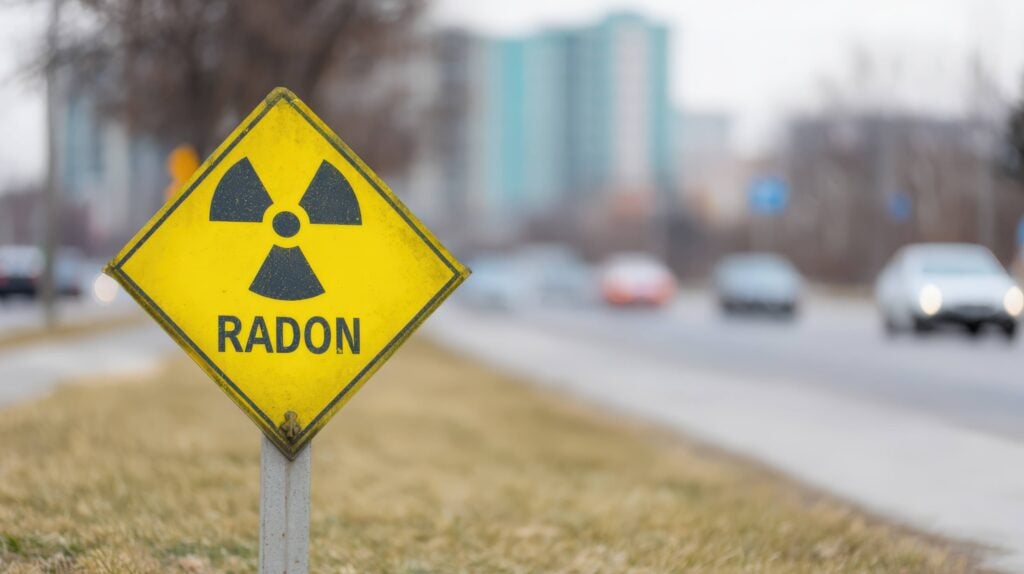 A yellow road sign that says Radon