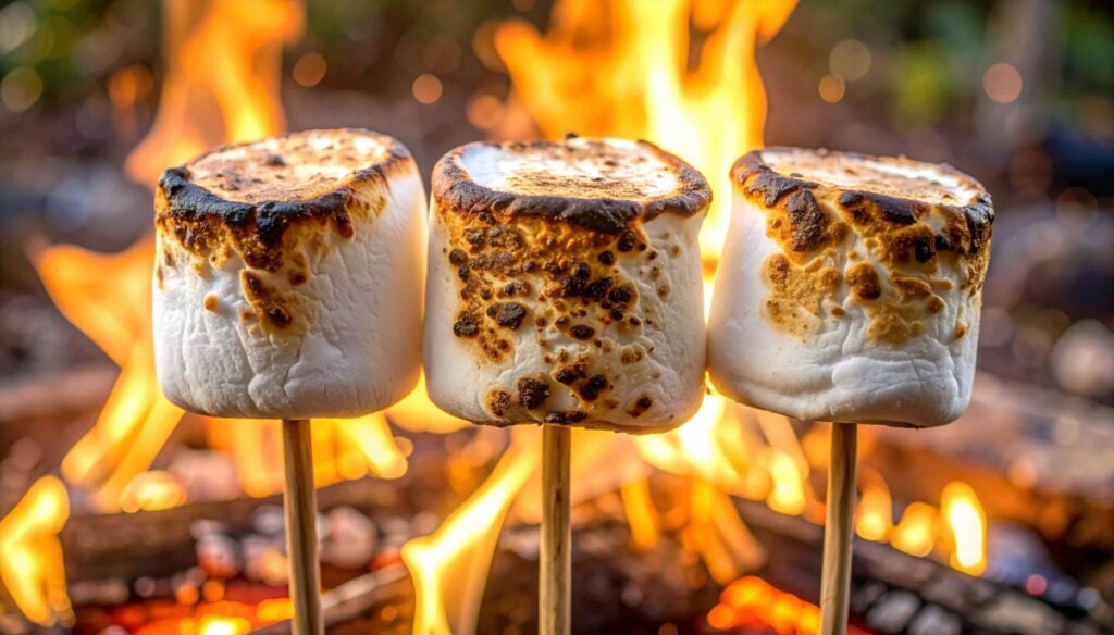 3 singed marshmallows on sticks in front of flames