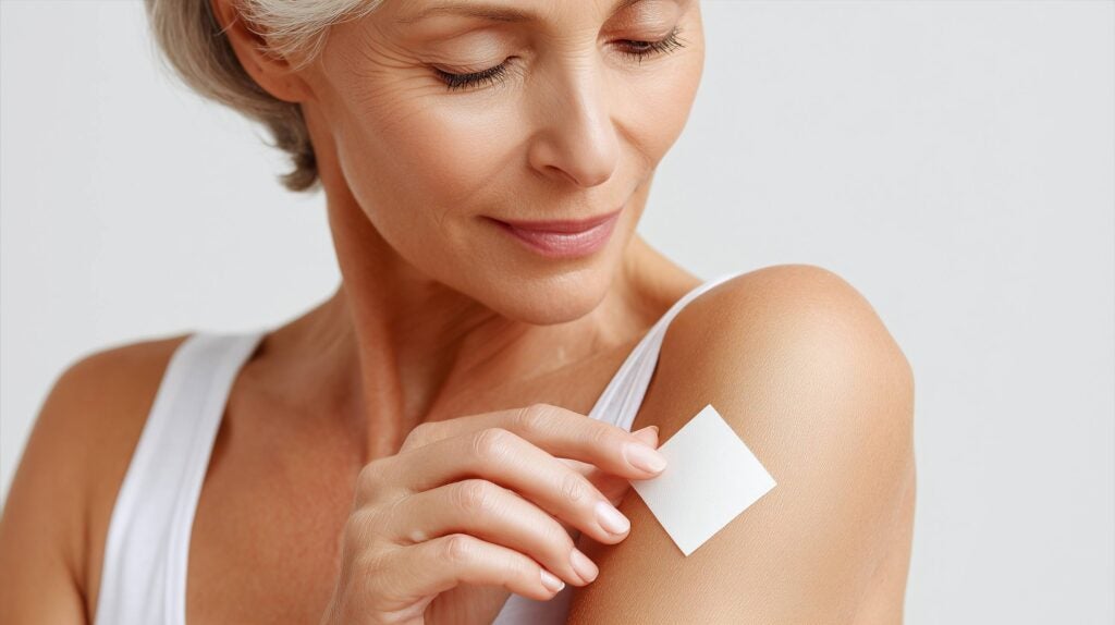 Older woman touching a patch on her arm