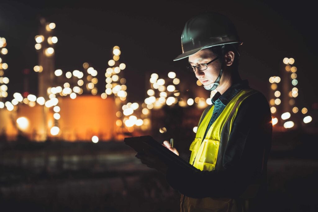 Construction worker working at night